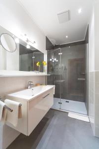 y baño con ducha, lavabo y espejo. en Landhaus Luka, en Mörbisch am See