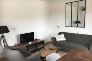 sala de estar con sofá y TV en Gîte de chenieux, en Saint-Victor-sur-Loire