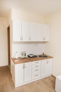 eine Küche mit weißen Schränken und einem Waschbecken in der Unterkunft Studio Apartment Vukcevic in Podgorica