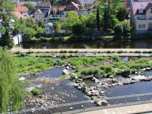 a river with rocks and houses in a city at Altes Forstamt in Gernsbach