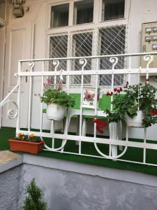 einen Balkon mit drei Topfpflanzen auf einem Haus in der Unterkunft House Centrul Istoric in Sibiu