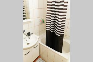 ein Bad mit einem Waschbecken und einem Duschvorhang in der Unterkunft Studio apartman Bruno in Zagreb