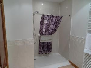 a bathroom with a shower with purple shower curtain at The Towerview Coach Houses in Perth