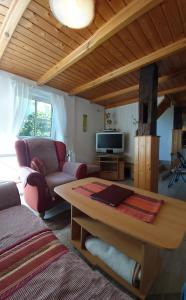 a living room with a couch and a table at de lüt Ferienhof Jameln in Jameln