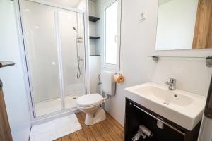 a bathroom with a shower and a toilet and a sink at Mediteran Homes with Terme Čatež Tickets in Čatež ob Savi