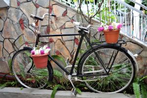 a bike parked next to a stone wall with two buckets of flowers at Evaggelou Rooms in Potos