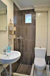 a bathroom with a toilet and a sink at Evaggelou Rooms in Potos +68 photos