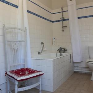 a bathroom with a tub and a chair and a toilet at La Violiere in Rouziers-de-Touraine