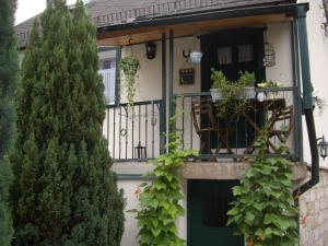 ein Haus mit einer grünen Tür und einem Balkon in der Unterkunft Ferienhäusel am Malerweg in Bad Schandau