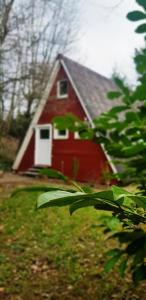 a red barn with a white door in a field at Ferienhaus Kleine Auszeit in Gossersweiler-Stein