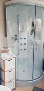 a bathroom with a shower and a sink and a toilet at Ferienhaus Kleine Auszeit in Gossersweiler-Stein