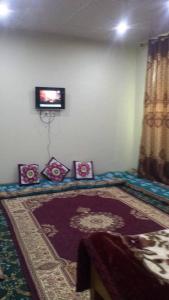 um quarto com uma cama e uma televisão na parede em Hunza Heaven Guest House em Baltit