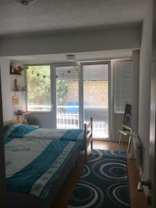 a bedroom with a bed and a large window at Between the lake and the forest in Ohrid