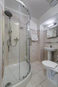 a bathroom with a shower and a toilet and a sink at In Astra in Vilnius