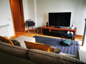 een woonkamer met een bank en een flatscreen-tv bij White Family House in Aveiro