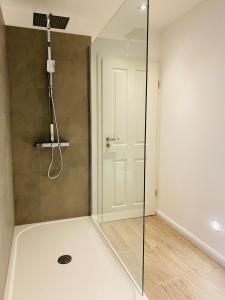 La salle de bains est pourvue d'une douche avec une porte en verre. dans l'établissement 3-Raum Apartment Quartier57 Hamburg-Eppendorf, à Hambourg