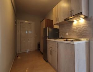 a kitchen with a sink and a refrigerator at Vasiliki House in Sarti