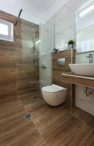 a bathroom with a shower and a toilet and a sink at Vasiliki House in Sarti