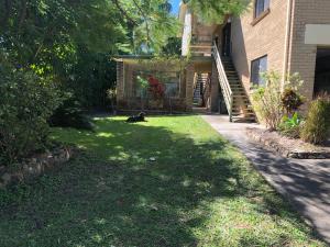 a cat laying in the grass next to a house at Airlie Getaway Unit 1 in Cannonvale