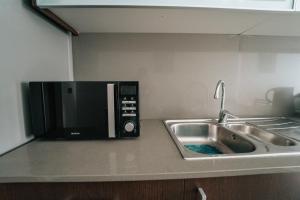 a microwave sitting on a counter next to a sink at Refugio do Gerês-Apartamento in Geres +19 photos