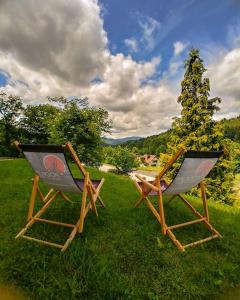 dwa krzesła siedzące w trawie na dziedzińcu w obiekcie Hotel Podium w Wiśle