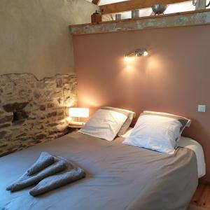 ein Schlafzimmer mit einem Bett mit zwei Kissen darauf in der Unterkunft Gîte de la Founauderie in Roncey