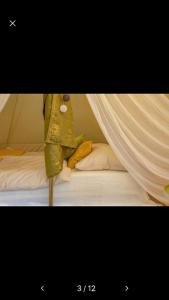 a picture of a bed with a curtain at Into the Green Glamping- Beech in Markt Nordheim