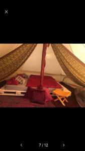 a girl sleeping on a bed in a tent at Into the Green Glamping- Beech in Markt Nordheim