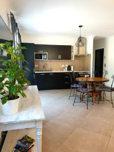 a kitchen and living room with a table and chairs at Pianotolinca in Moltifao