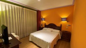 プエブラ・デ・サナブリアにあるTierra De Lobosのベッドとテレビが備わるホテルルームです。