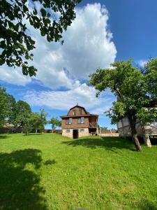 an old house in a field with a tree at Нарочанская хатка 2 in Narochʼ