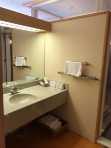 ein Bad mit einem Waschbecken und einem Spiegel in der Unterkunft Hotel Civic Inn Sayama in Sayama