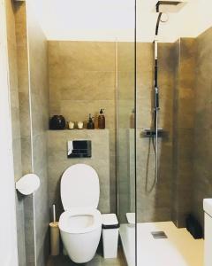 a bathroom with a toilet and a glass shower at Big Bright New Apt next to Casino in Monte Carlo