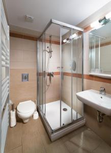 y baño con ducha, aseo y lavamanos. en Hotel Honti Wellness és Konferencia Szálloda, en Visegrád