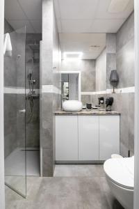La salle de bains est pourvue d'un lavabo, de toilettes et d'une douche. dans l'établissement Varsovia Comfort, à Varsovie