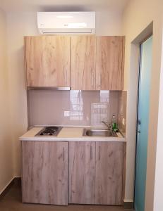 a kitchen with wooden cabinets and a sink at Sarti Holidays in Sarti