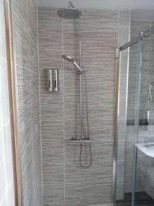 a shower in a bathroom with a glass door at Reveller Lodgings in Donegal