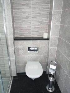 a bathroom with a white toilet in a stall at Reveller Lodgings in Donegal