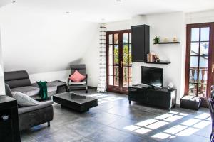 a living room with a couch and a tv at Venasque Vue Apartment in Saint-Mamet