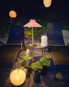 a table with a pink umbrella and potted plants at Willa Zdrój in Kudowa-Zdrój