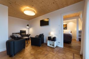 ein Wohnzimmer mit einem Bett, einem Sofa und Stühlen in der Unterkunft Zweite Heimat Heidelberg in Heidelberg