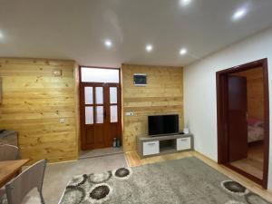 a living room with a television and wooden walls at Stara kuća in Mokra Gora