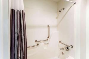 a bathroom with a shower curtain and a sink at La Quinta Inn by Wyndham Chicago Willowbrook in Willowbrook