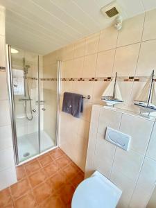 La salle de bains est pourvue d'une douche, de toilettes et d'un lavabo. dans l'établissement Ferienhaus Antje Greetsiel Nordsee, à Krummhörn