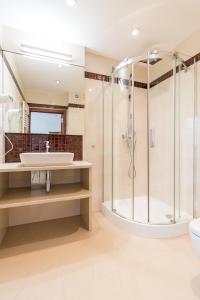 a bathroom with a shower and a sink at Hotel Osada Karbówko Wellness & SPA in Elgiszewo