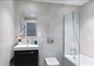 La salle de bains est pourvue d'un lavabo, d'une douche et de toilettes. dans l'établissement Deluxe Central London North Apartment, à Londres