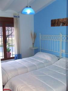 韋斯卡爾的住宿－Vivienda Rural Embalse San Clemente，卧室配有白色床和蓝色墙壁