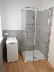 una doccia con una porta in vetro accanto a un cestino della spazzatura di Appartamento per vacanze "IL GELSO" a Rovereto Altre 21 foto