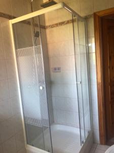 a shower with a glass door in a bathroom at Esther Apartman in Gyenesdiás +12 photos