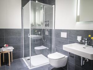 y baño con ducha, aseo y lavamanos. en Freiburger-Ferienwohnung, en Freiburg im Breisgau